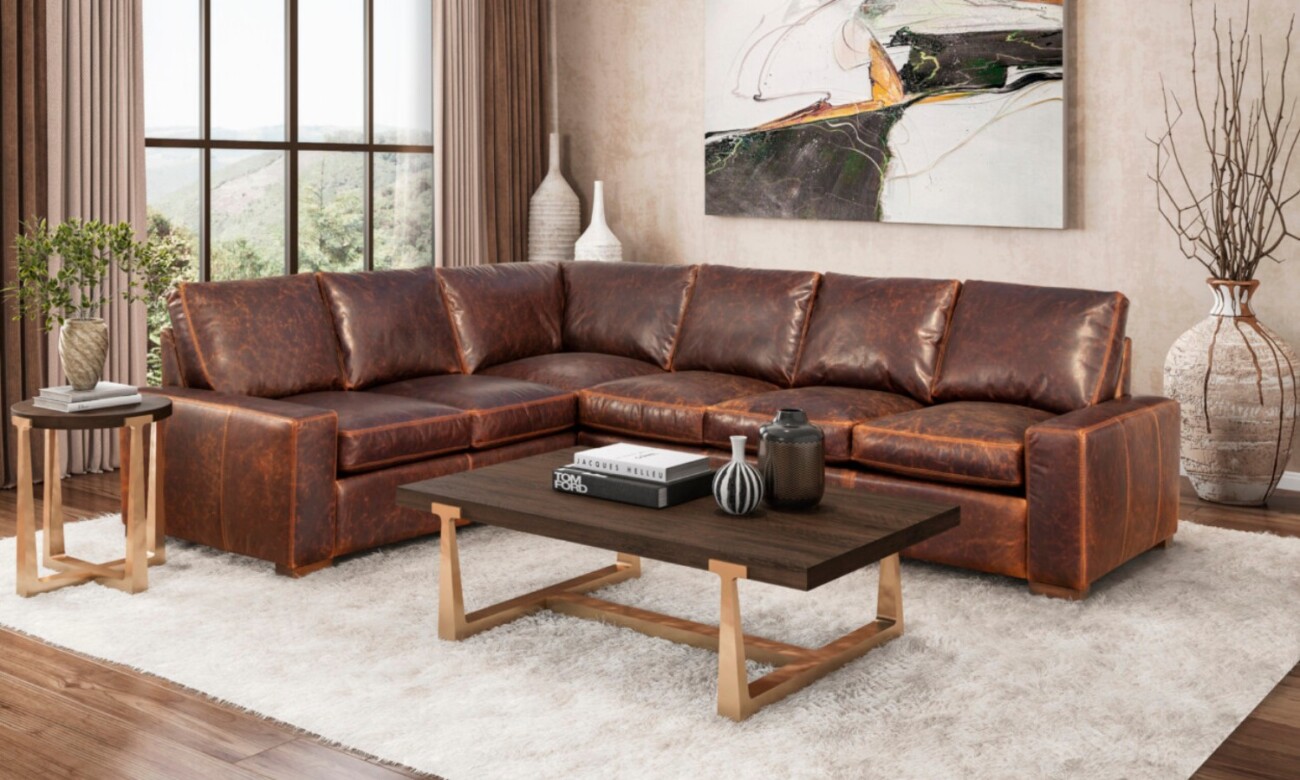 Top-grain leather sectional in a Texas ranch-style living room.